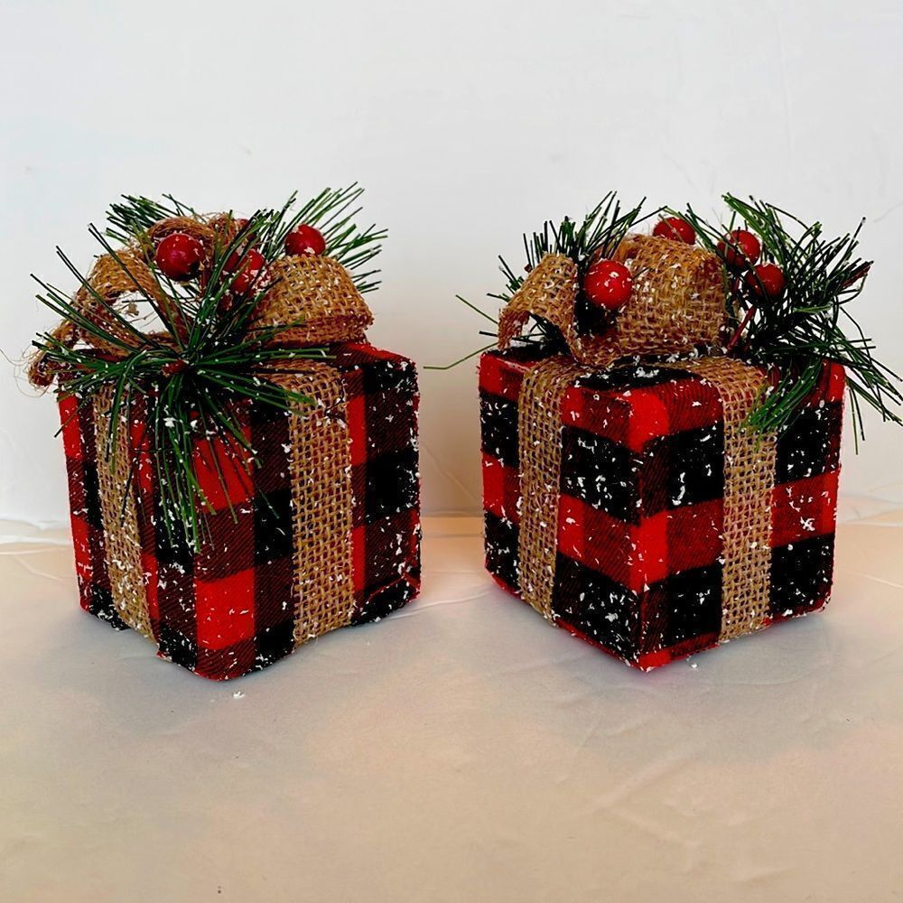 SET OF 2 RED BUFFALO PLAID PRESENT ORNAMENTS
